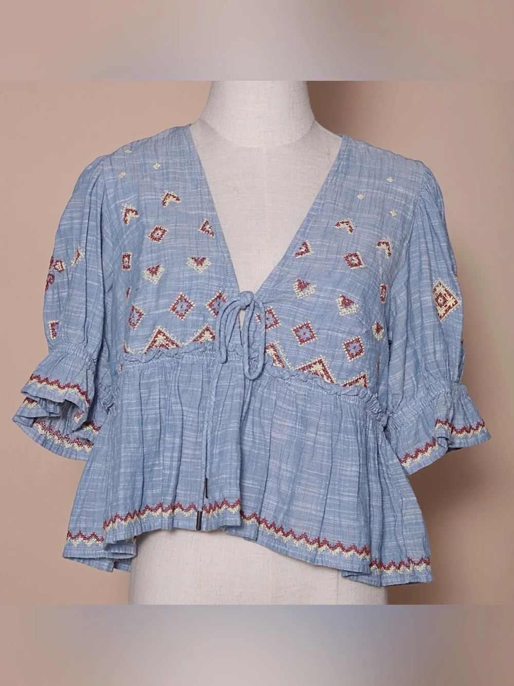 Blue Embroidered Boho Tie Front Peplum Blouse Flutter Sleeve